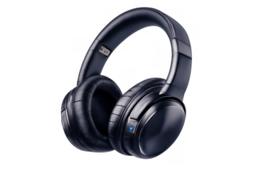 Black wireless over-ear headphones presenting modern audio technology for enjoying music, podcasts, or online communication with a transparent background