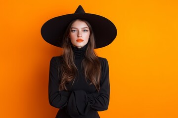 Stylish woman in black witch hat against bright orange background
