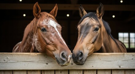 Two Brown Horses with Detailed Coats Looking Over a Wooden Fence in a Stable Setting