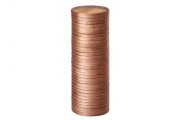 Stacking copper coins forming a tall cylinder, illustrating concepts of finance, wealth, savings, and investment against a transparent background