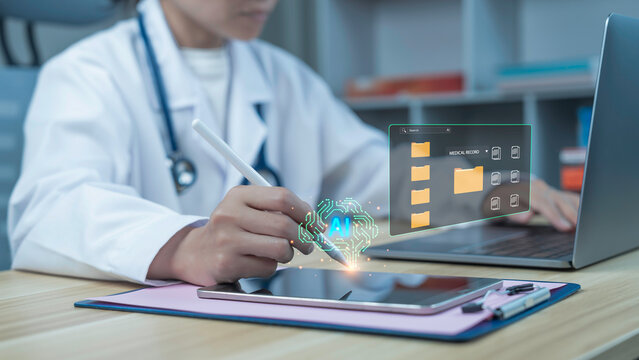 Doctor in white coat using digital pen on tablet with AI brain and medical record interface overlay. Concept of artificial intelligence, electronic health records, smart healthcare and medical data ma - Powered by Adobe