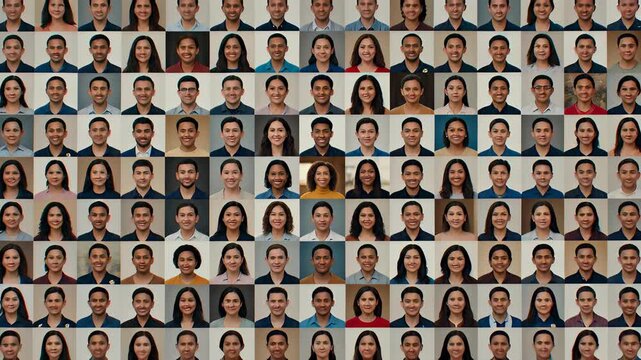 Zoom out from a smiling woman to a massive diverse people grid mosaic, illustrating global community and inclusion concepts.