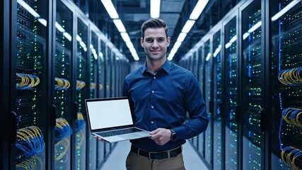 A cheerful IT Technician stands in a data center holding a laptop, surrounded by blue lights and server racks loaded with cables and circuit boards.