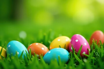 Speckled and solid Easter eggs scattered on lush green grass, religious, joy