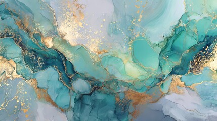 A stunning abstract artwork that showcases a swirling mix of teal, gold, and white colors in a mesmerizing pattern, perfect for adding a touch of modern elegance to any room.