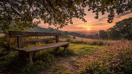 A tranquil scene of a wooden bench situated in a lush green meadow, surrounded by trees and a vibrant field of wildflowers, with a breathtaking sunset unfolding in the background.