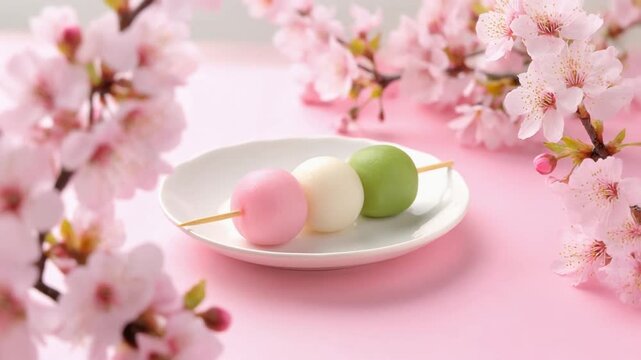 串に刺した三色団子を皿に置き行楽を思わせる和の甘味を表現する