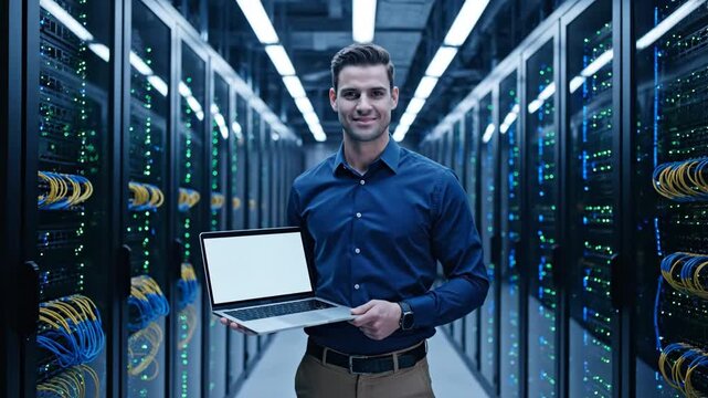 A cheerful IT Technician stands in a data center holding a laptop, surrounded by blue lights and server racks loaded with cables and circuit boards.