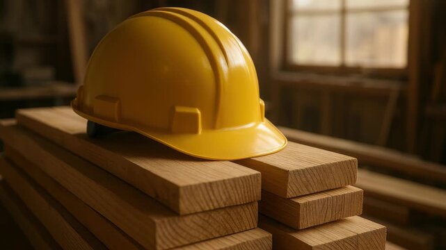 Construction Safety: A yellow hard hat rests atop a stack of wooden planks, symbolizing the importance of safety on a construction site. The image evokes a sense of protection and preparedness.