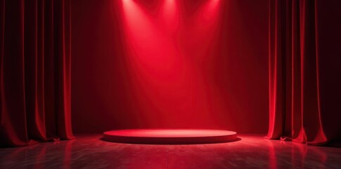 Stage bathed in red light, heavy velvet curtains closed , backstage, proscenium, mystery