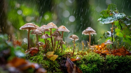 Mushrooms growing in the forest on a rainy day