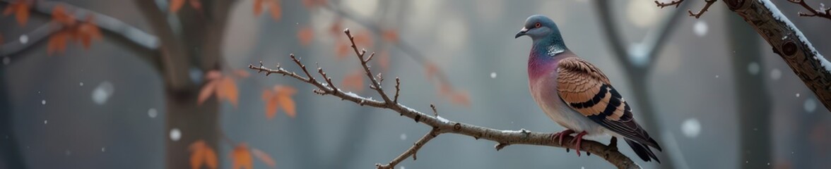 Stocky wood pigeon resting on bare winter tree, looking alert, rural, lookout