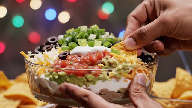Hand Dipping Tortilla Chip Into Seven Layer Dip, Festive Background
