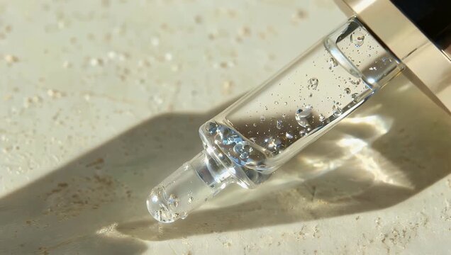 Luxury beauty concept 4K macro video of transparent cosmetic gel with hyaluronic acid inside glass pipette softly lit on beige background to emphasize skincare purity texture detail high end 
