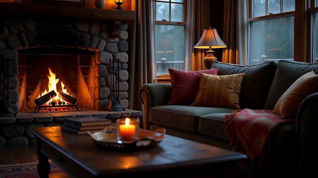 Cozy living room interior with a burning stone fireplace and flickering candle on a wooden table, showcasing a warm peaceful home atmosphere.