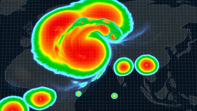 Animated weather radar interface displaying a swirling heat map storm over a dark grid, illustrating global meteorology and climate change concepts.