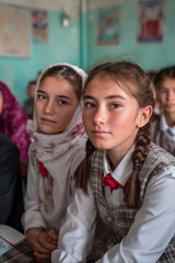Fototapeta premium A close-up of Tajik students in school uniforms attentively learning in a simple classroom, reflecting hope for the future.