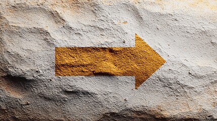 A large yellow arrow painted on a rough textured rock surface pointing to the right, symbolizing direction, guidance, and progress.