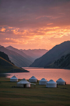 The serene waters of Lake Iskanderkul at sunset, with nomadic yurts silhouetted against a colorful sky, depicting peaceful mountain life.