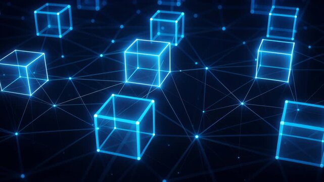 Digital Cubes Connected:  An abstract digital rendering of interconnected illuminated cubes and lines against a dark background, symbolizing a complex network or data structure. 