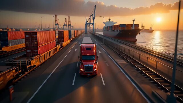 Red semi truck driving past a cargo ship and airplane at sunset in a cinematic 3D illustration representing global logistics and multimodal transportation.
