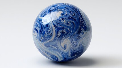 A stunning blue and white marbled glass sphere with intricate swirling patterns, sitting on a plain white surface, showcasing its beauty and elegance.