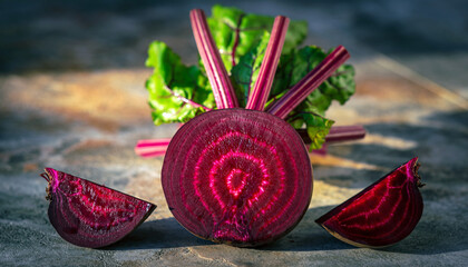 A close-up view of a fresh sliced beetroot with vibrant green leafy tops attached. Ai