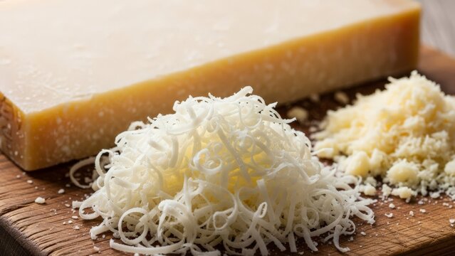 Freshly Grated Parmesan Cheese Heap Next to Block