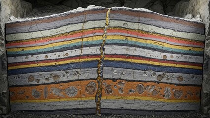 Geological Strata Layers with Fossils and Central Crack