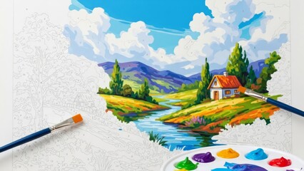 Paint-by-number canvas in the process of creating a colorful landscape. Perfect for hobbies, crafts, and visual inspiration for creativity. AI generated.