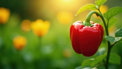 Sun-drenched red bell pepper in lush garden, soft bokeh , healthy, farming