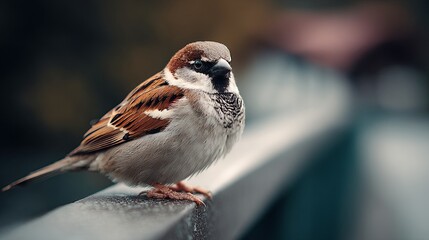 A close-up photo of a sparrow perched on a metal railing, showcasing its intricate feathers and beak in a blurred outdoor setting.