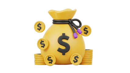 3D Money Bag with Dollar Coins