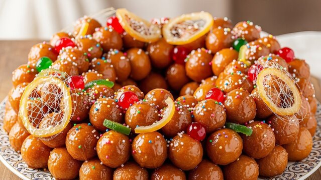 Golden honey-glazed Italian struffoli dessert garnished with citrus and sprinkles