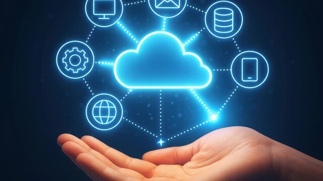 Cloud Computing: A hand cradles the luminous cloud icon, symbolizing the modern digital landscape. Connected to an array of technological symbols