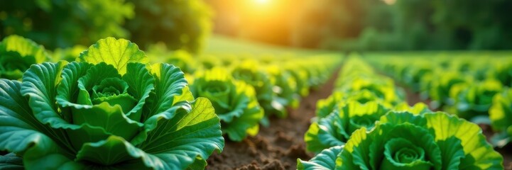 Sunlit kale patch, mature plants ready for picking, rich, agriculture, field