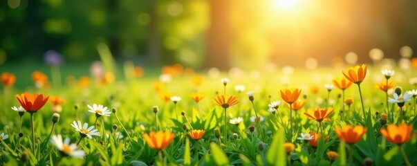 Sunlit meadow ablaze with wildflowers, lush green grass, green, sunlight