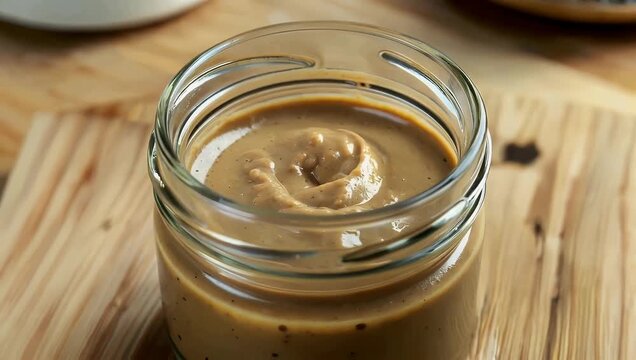 Ultra detailed 4K close up rotation of creamy peanut butter inside glass jar resting on wooden table conveying healthy organic breakfast ideas natural ingredients warm kitchen lifestyle 