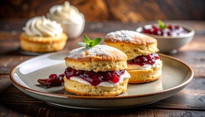 Delicious scones with cream and jam on a plate, ready to be enjoyed. The scones have a fluffy texture, complemented by the sweetness of the jam and cream