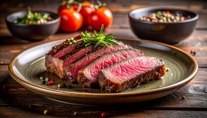 Juicy steak slices beautifully presented on a plate, surrounded by fresh ingredients, and ready to be enjoyed. A culinary masterpiece for meat lovers.