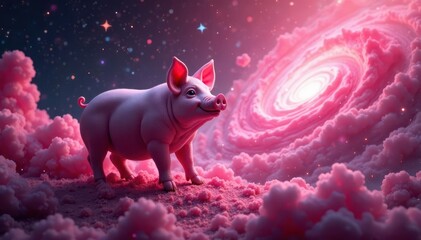 Swirling pink nebula, star-shaped pigs float amidst cosmic dust, pink, surreal