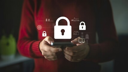 A person in a red sweater holds a smartphone with a large white padlock and smaller padlock icons floating above it, symbolizing digital security and data protection.