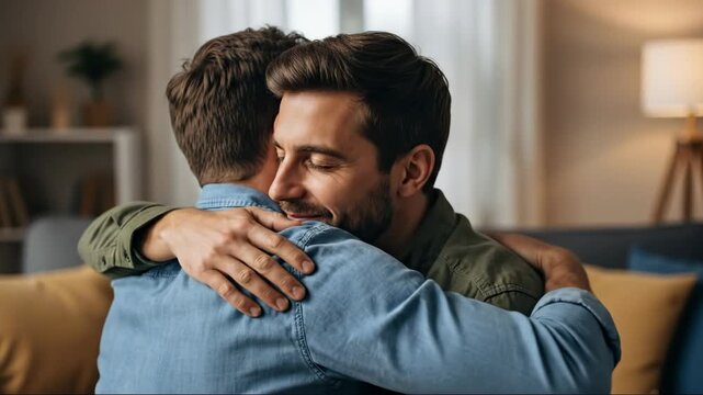 Heartfelt reunion: two men embrace in a warm hug, expressing friendship and emotional connection