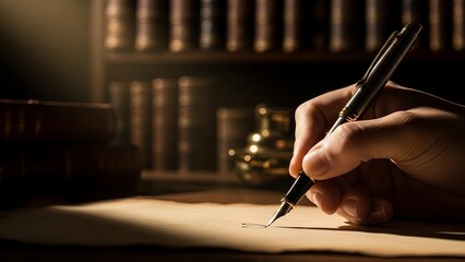 Hand holding an antique pen writing on aged paper in a dimly lit library