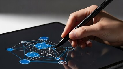 Hand interacting with digital network visualization on tablet