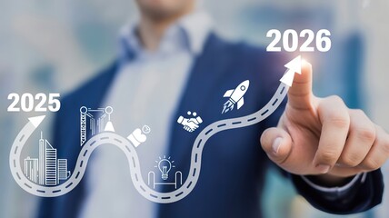 A businessman pointing to a futuristic roadmap with icons and years 2025 and 2026