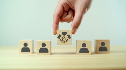 A hand placing a wooden block with a handshake and heart symbol above a row of blocks with people icons, representing partnership and teamwork.