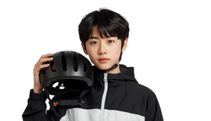 A young man holding a bicycle helmet on transparent background