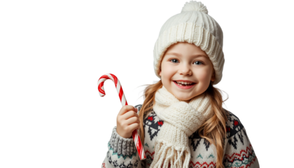 A young girl holding a candy cane on transparent background
