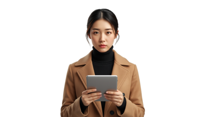 A woman holding a tablet on transparent background